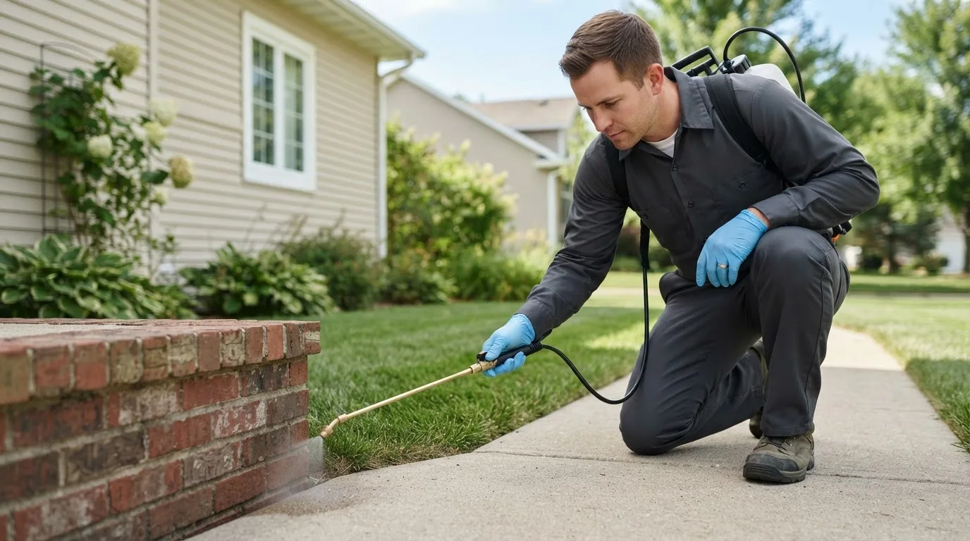 Pest control technician treating a home near Ronceverte, WV