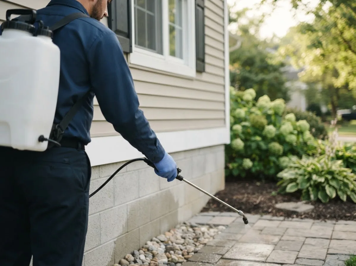 Pest control technician inspecting a home in Ronceverte, WV